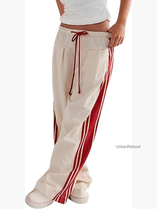 Pants - Wide Leg Palazzo Pants with Pockets Drawstring High Rise Side Striped